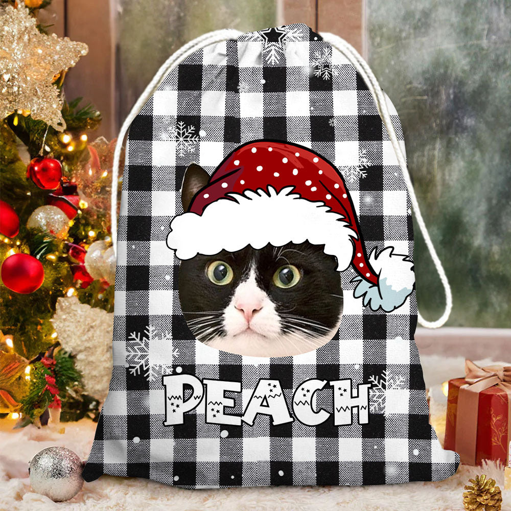 Personalized Santa Sack - Christmas Gift For Pet Lovers - Plaid Pattern Face Photo AB