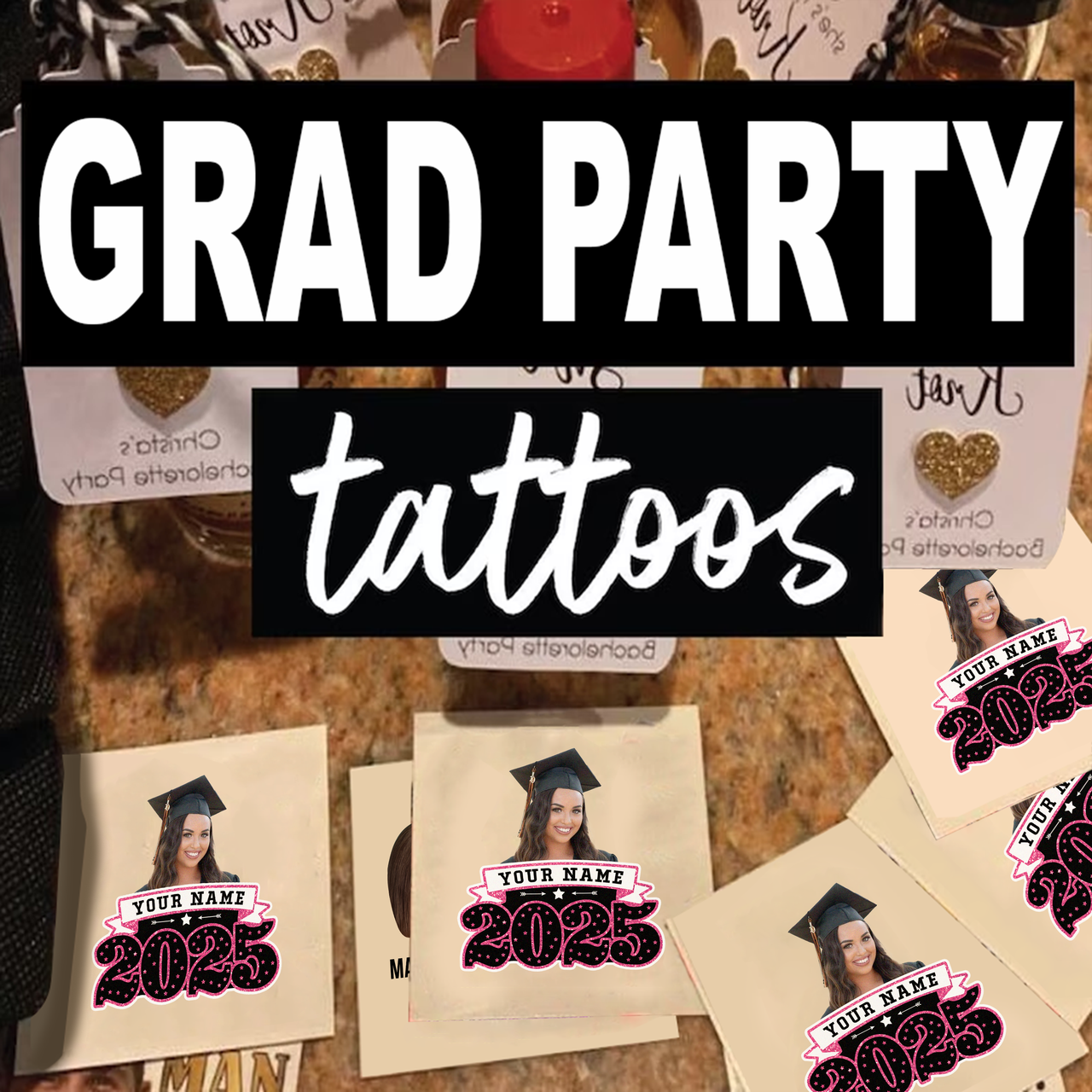 Custom Face Photo Graduation 2025 Glitter Graduation Party Tattoos, Graduation Decorations