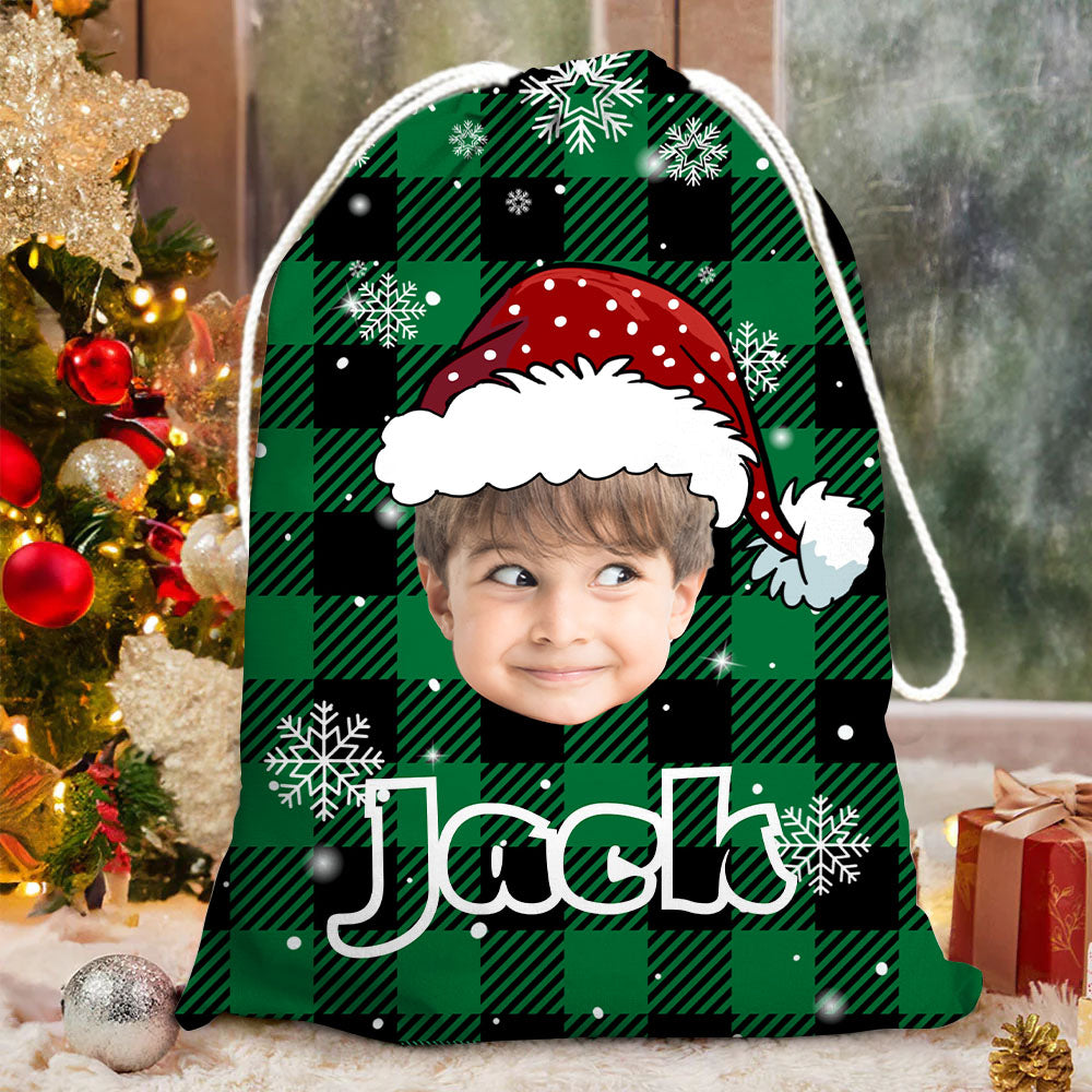 Personalized Santa Sack - Christmas Gift For Family - Plaid Pattern Face Photo AB