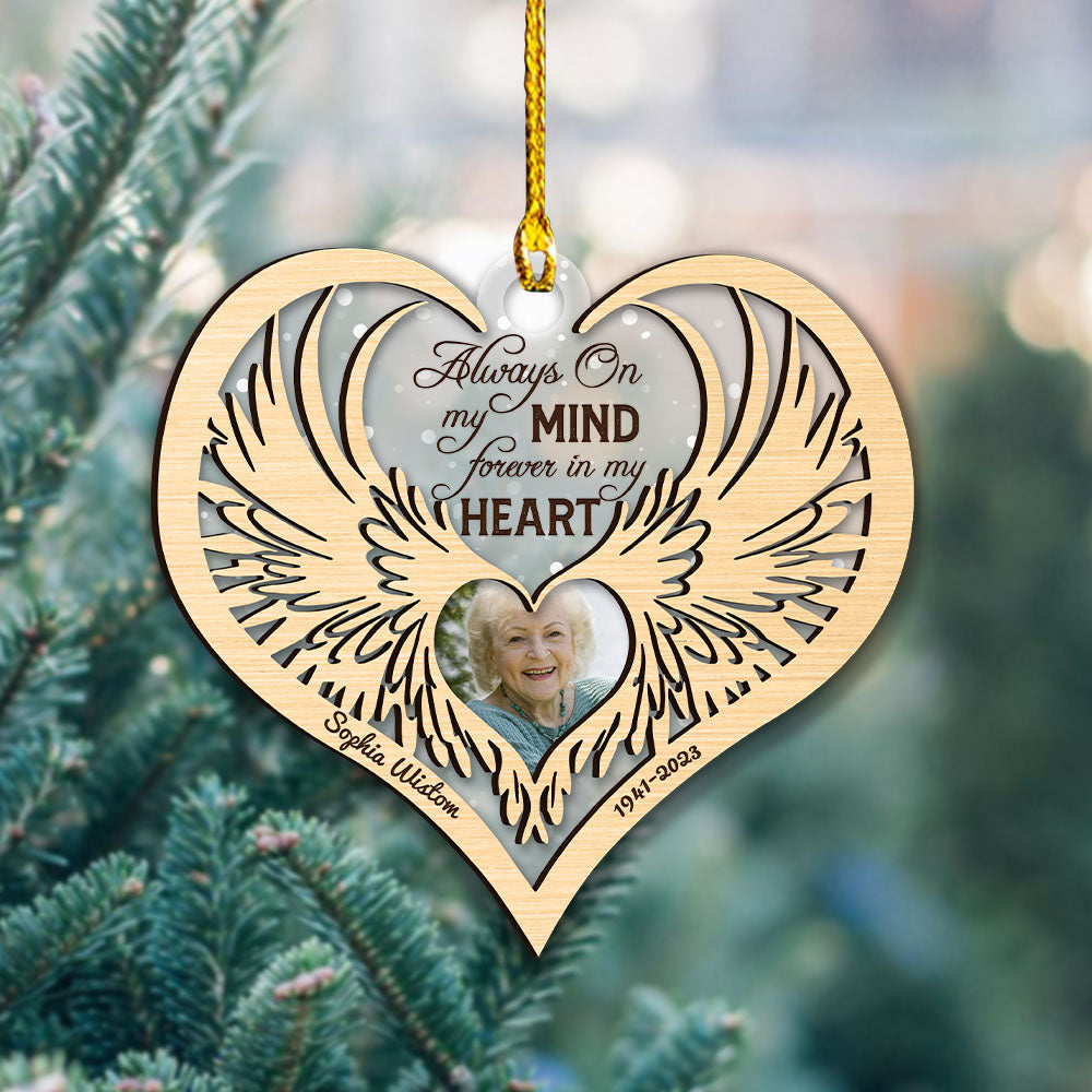 Personalized Wooden & Acrylic Layered Ornament - Christmas Memorial Gift For Family - Multicolor Angel Wings Heart Photo AC