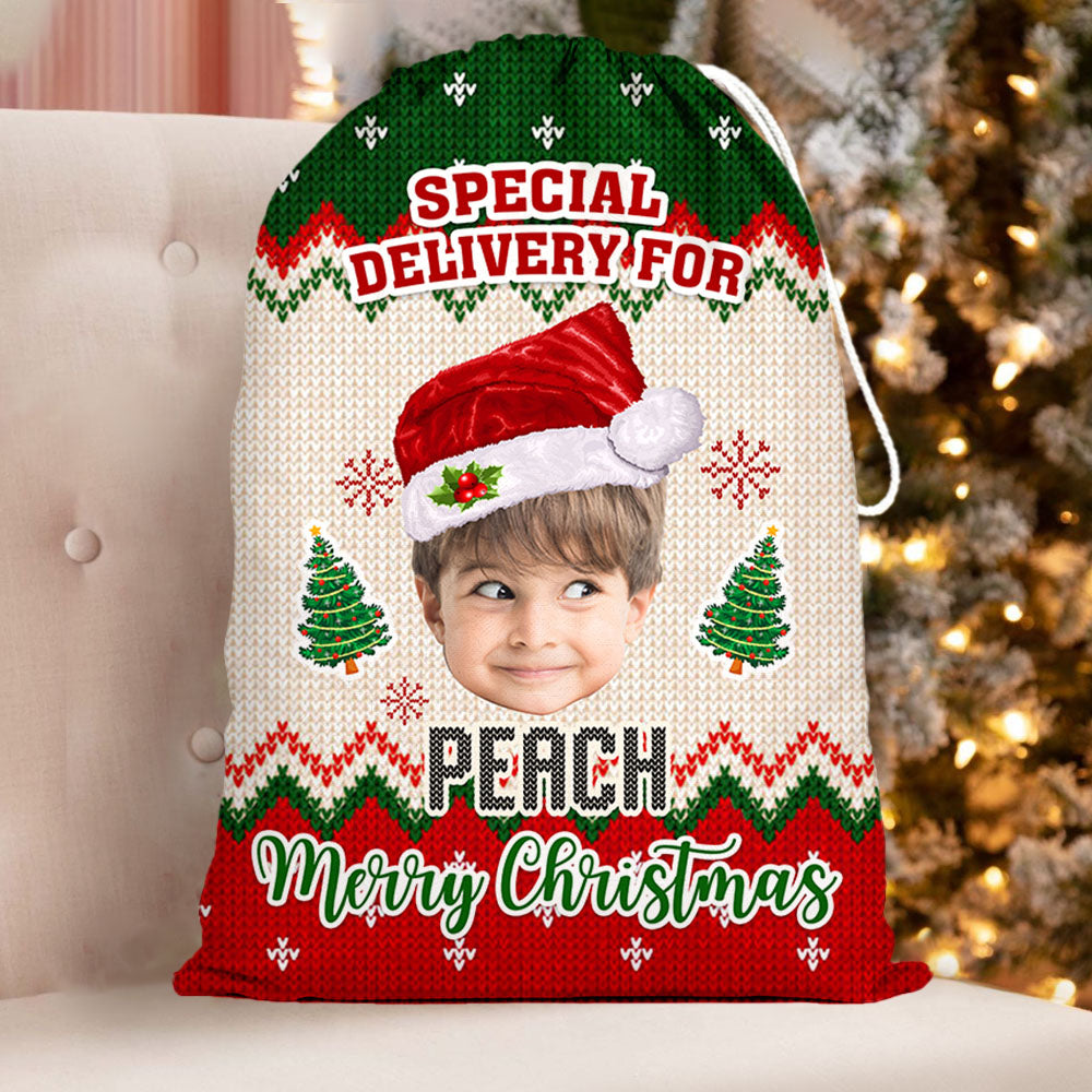 Personalized Santa Sack - Christmas Gift For Family - Ugly Sweater Pattern Face Photo AB