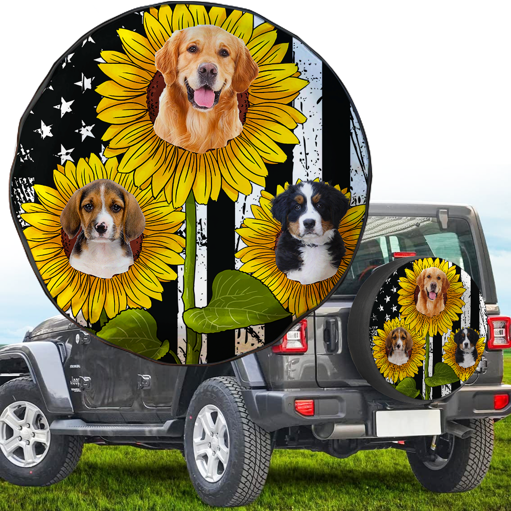 Personalize Pet Photo American Flag Sunflower Spare Tire Cover, Gift For Dog Cat Lovers JonxiFon