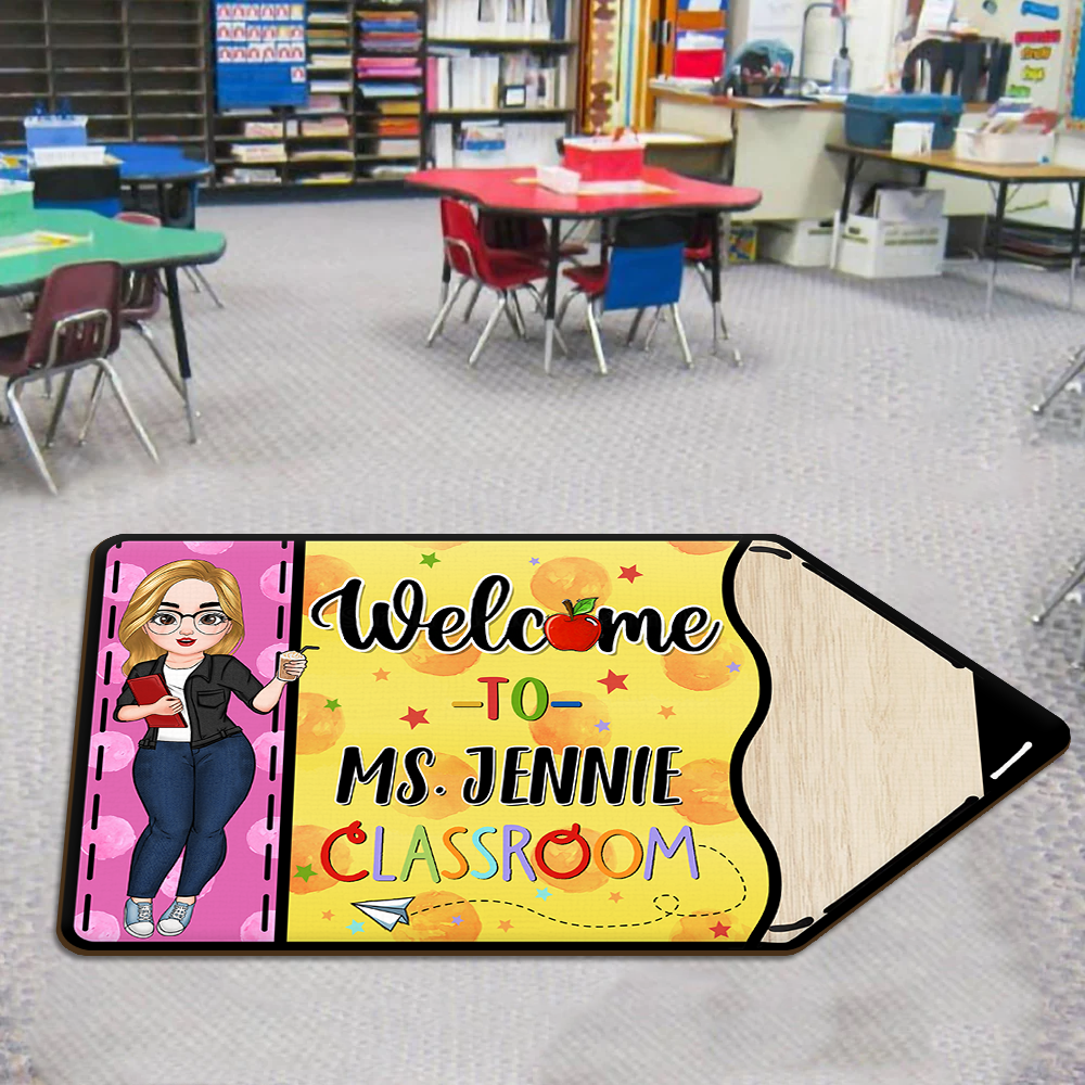 Custom Welcome To Teacher Classroom Pencil Shaped Doormat, Gift For Teacher AB