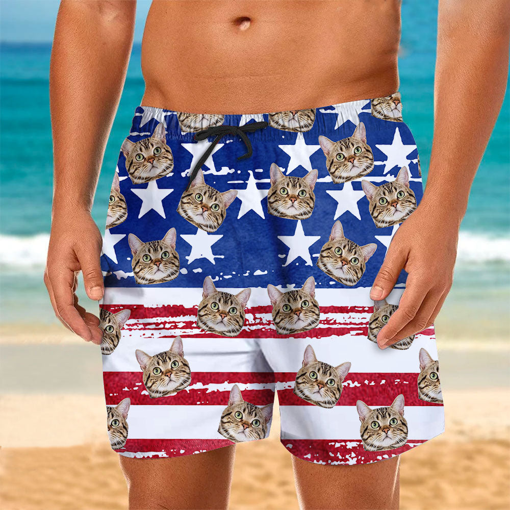 Custom Funny Face Photo American Flag Men's Beach Shorts, Gift For