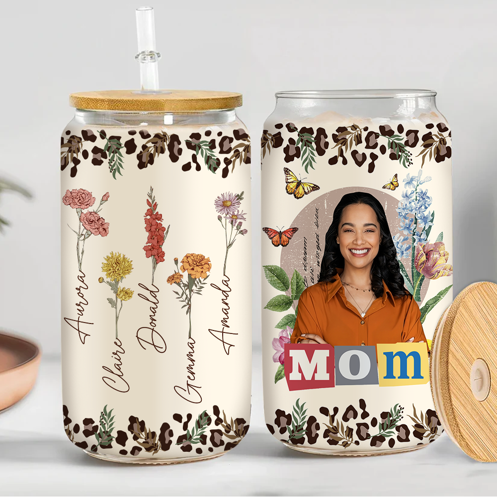 Personalized Glass Bottle/Frosted Bottle With Lid & Straw - Gift For Mother - Vintage Flower Mother Photo FC