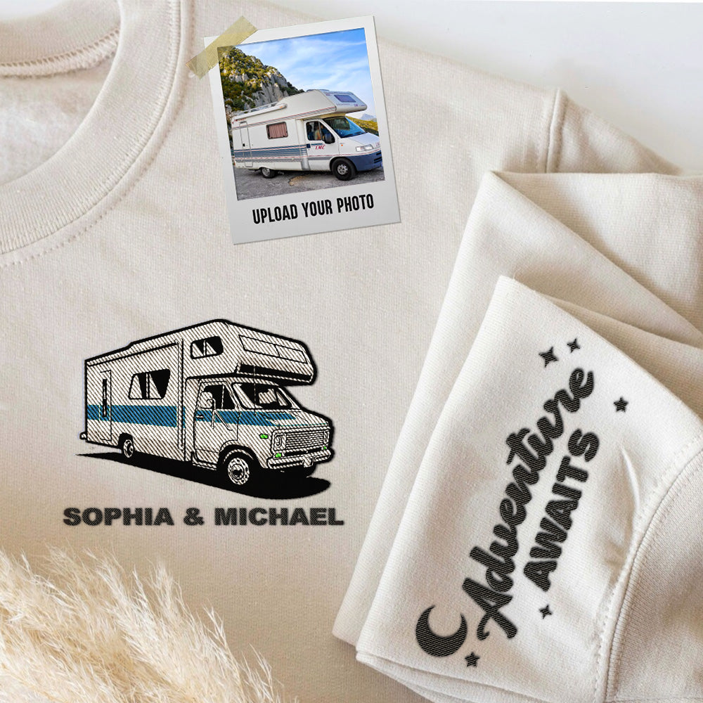 Personalized Embroidered T-shirt, Sweatshirt, Hoodie - Gift For Camping Lovers - Embroidery Camping RV Photo FC