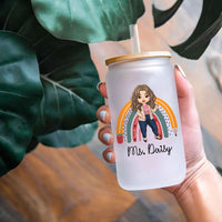 Thumbnail for Custom Female Teacher Rainbow With Name Glass Bottle/Frosted Bottle With Lid & Straw, Gift For Teacher AF
