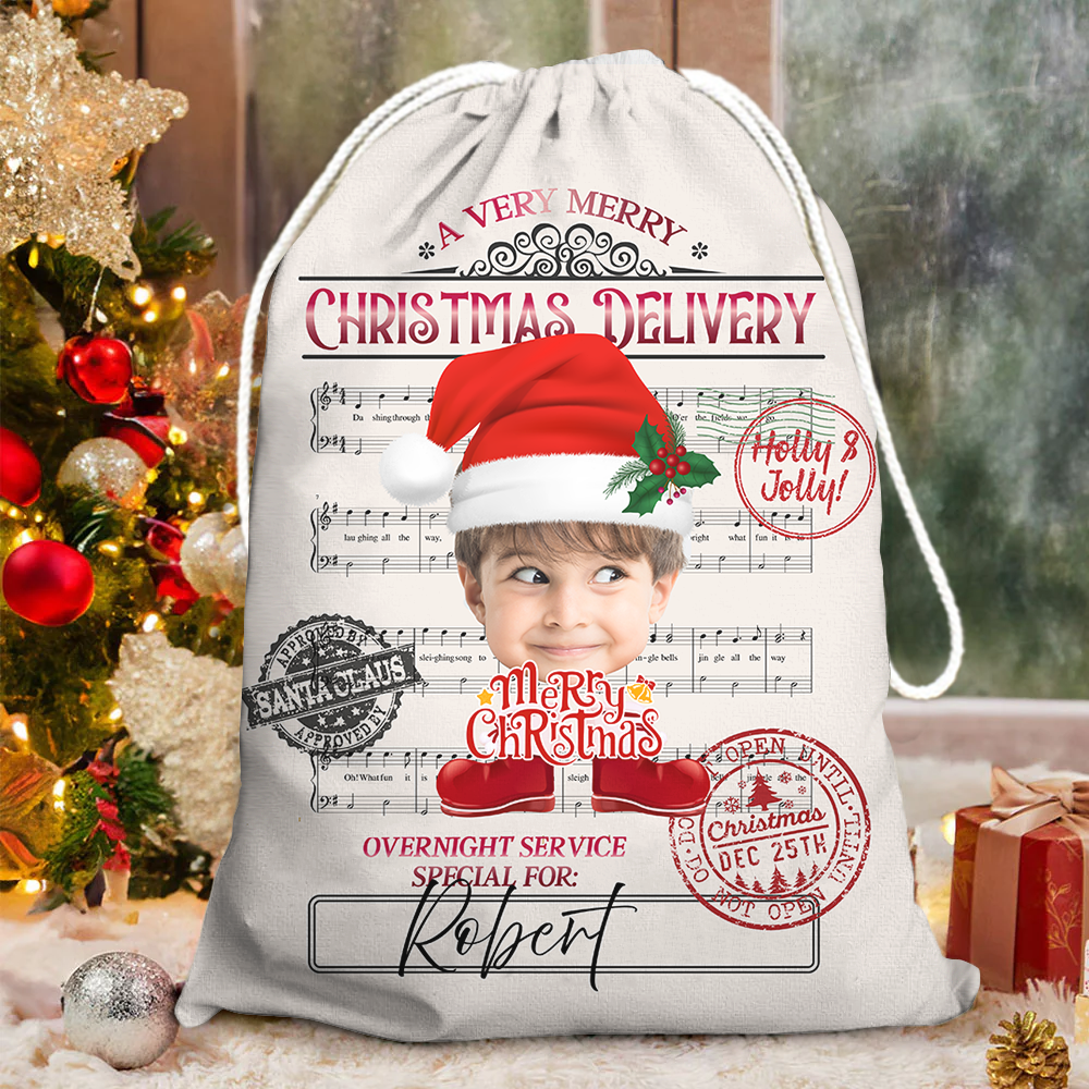 Personalized Santa Sack - Christmas Gift For Family - Face Photo Jingle Bell Song AB
