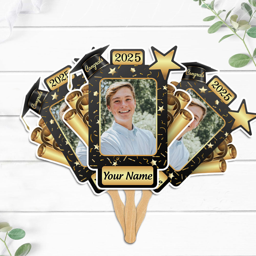 Custom Certificate & Star Photo Graduation Face Fans With Wooden Handle, Gift For Graduation Party