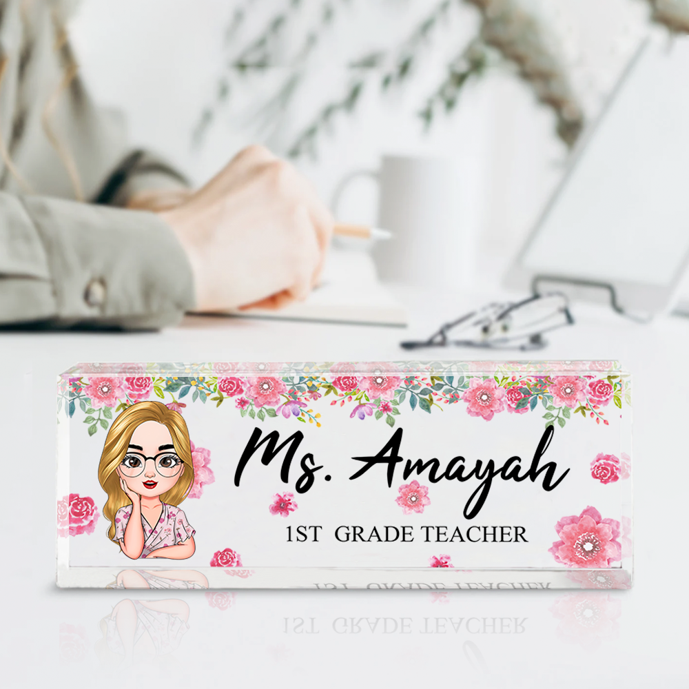 Personalized Teacher Floral Acrylic Name Plate For Desk, Gift For Teacher AI