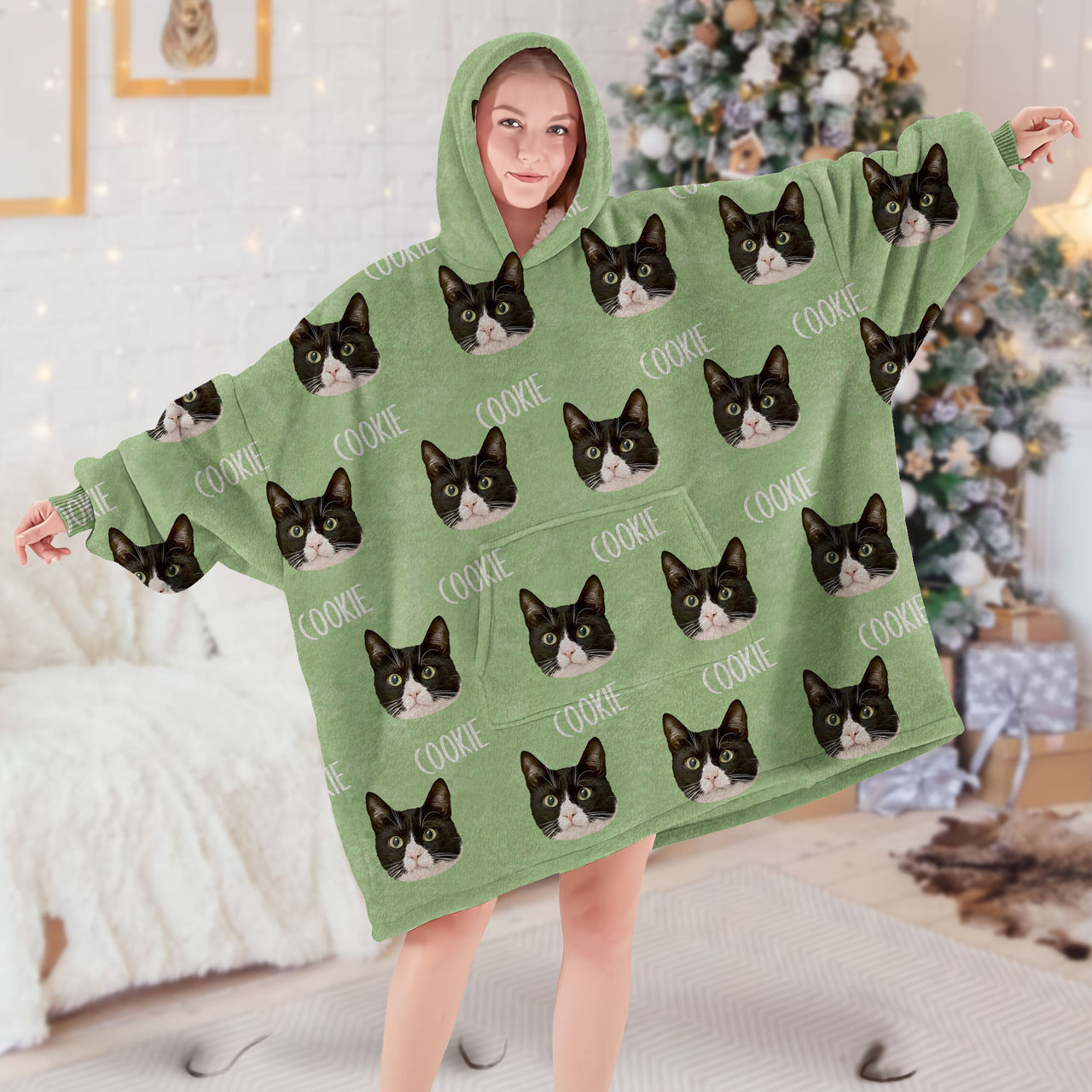 Personalized Blanket Hoodie - Christmas Gift For Pet Lover - Pet Face Photo With Name AB