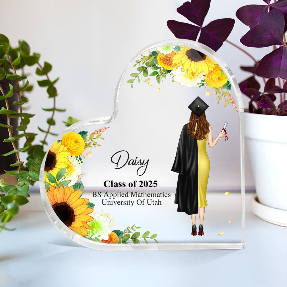 Custom Girl With Flowers Graduation Heart Shaped Acrylic Plaque, Graduation Gift FC