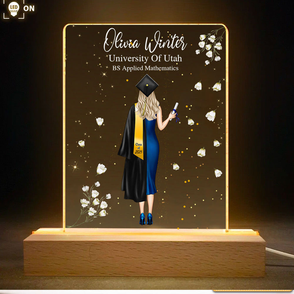 Custom Happy Graduation 3D LED Light With Rectangular Wooden Base, Graduation Gift