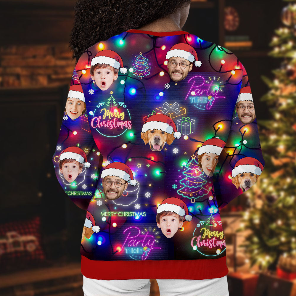 Personalized Ugly Christmas Sweater - Christmas Gift For Family - Funny Face Photo Bright Neon Lighting AB
