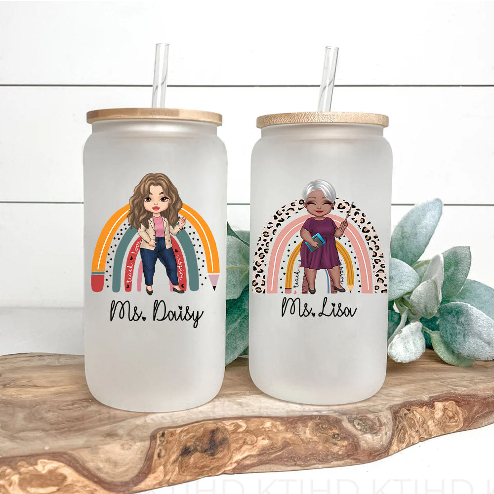 Custom Female Teacher Rainbow With Name Glass Bottle/Frosted Bottle With Lid & Straw, Gift For Teacher AF