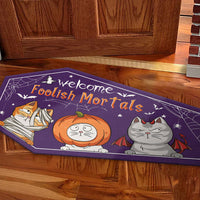 Thumbnail for Personalized Coffin Shaped Doormat - Halloween Gift For Cat Lovers - Welcome Foolish Mortals AB