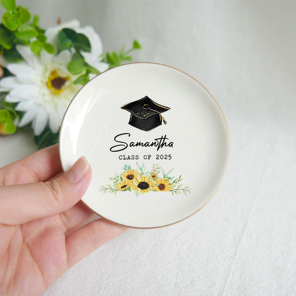 Custom Floral With Name Class of 2025 Graduation Round Jewelry Ring Dish, Jewelry Tray, Graduation Gift