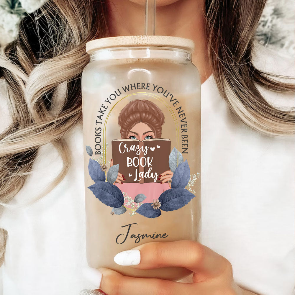 Personalized Glass Bottle/Frosted Bottle With Lid & Straw - Gift For Book Lovers - Books Take You Where You've Never Been AF