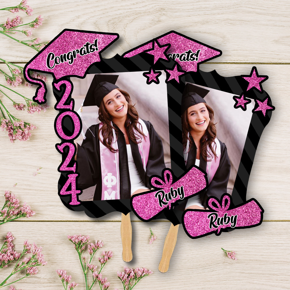 Custom Congrats 2024 With Name Photo Graduation Face Fans With Wooden Handle, Gift For Graduation Party FC