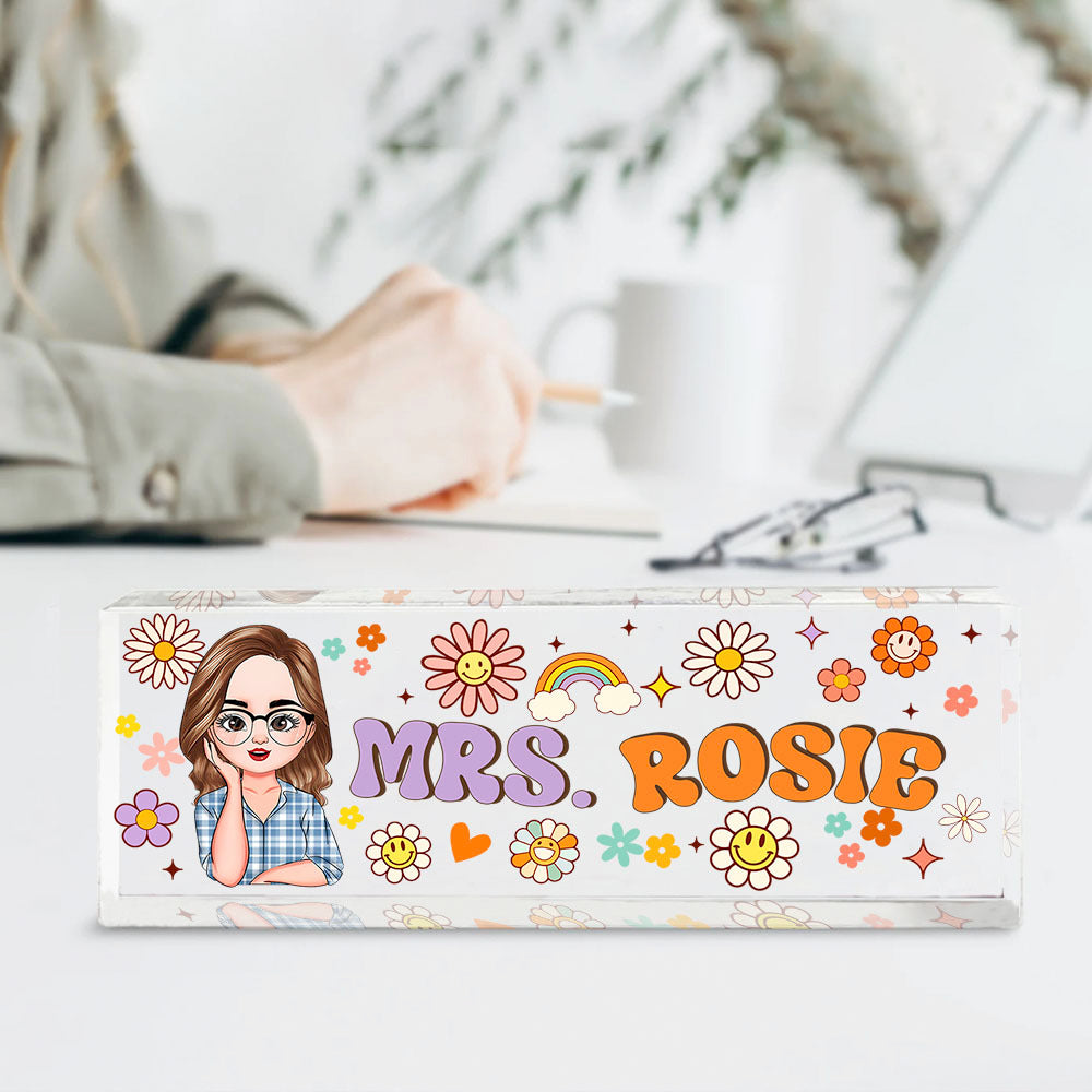 Personalized Acrylic Desk Name Plate - Gift For Teacher - Teacher's Name With Flowers & Rainbow AI