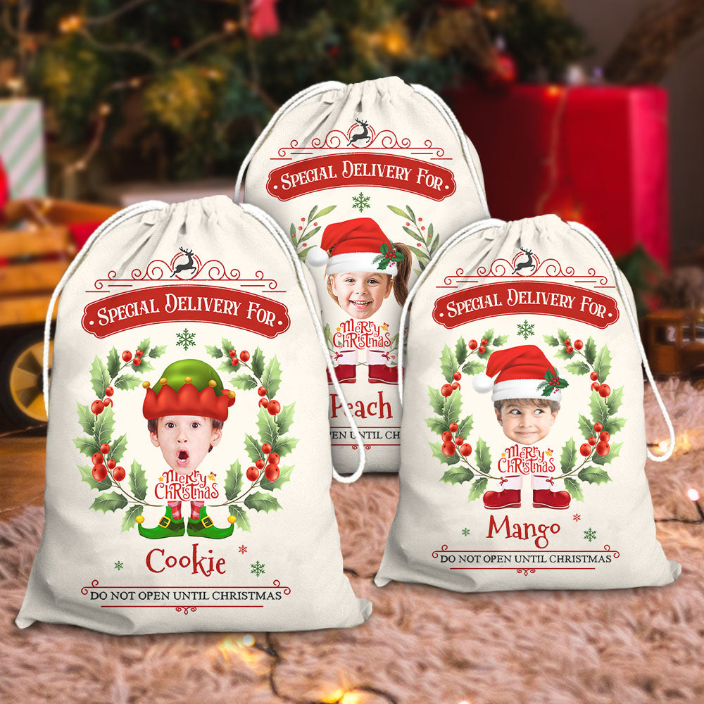 Personalized Santa Sack - Christmas Gift For Family - Holly Christmas Costume Face Photo AB