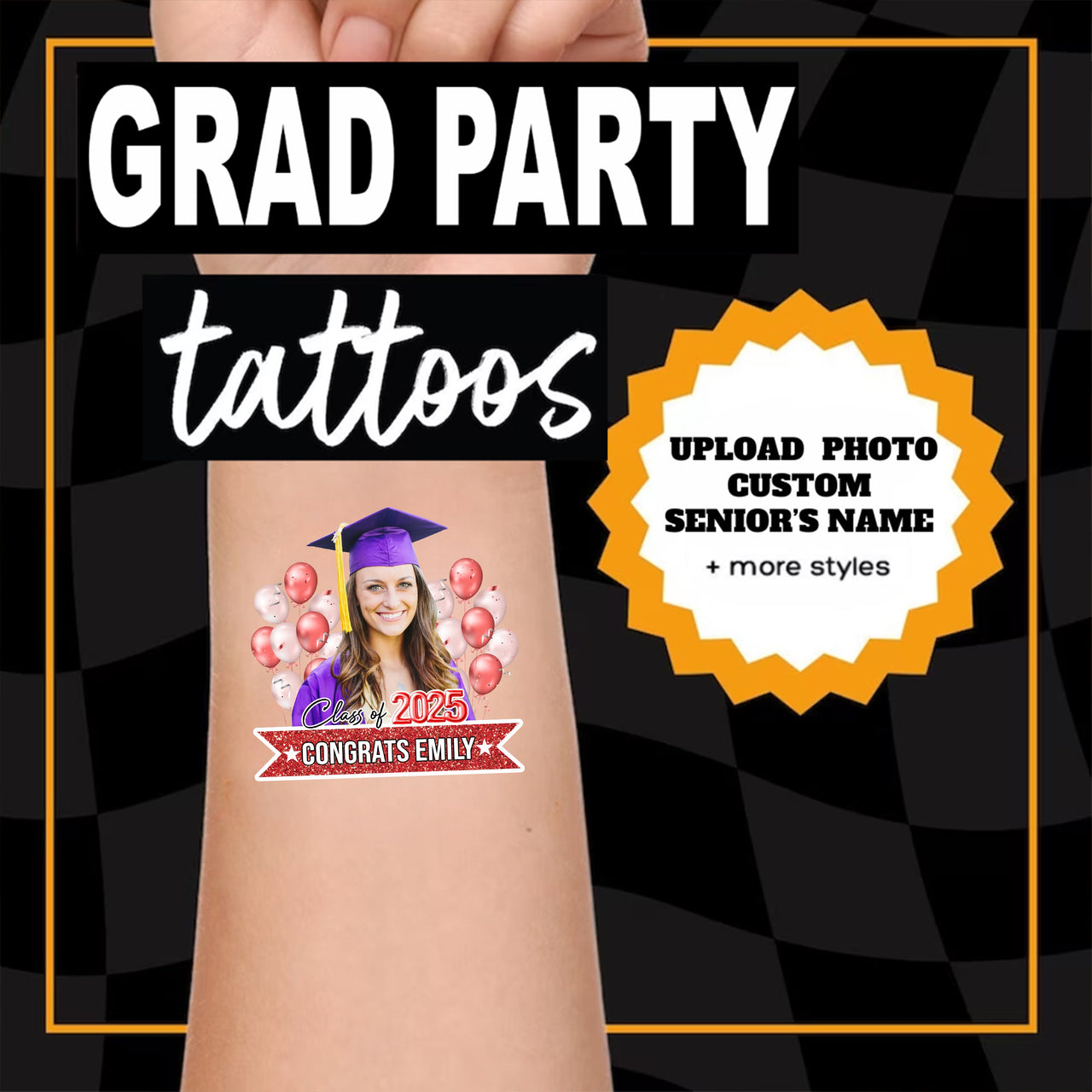 Personalized Congrats Class of 2025 Glitter Balloons Graduation Party Tattoos FC