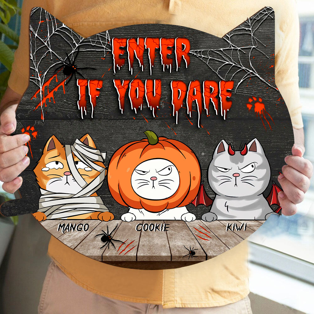 Personalized Cat Shaped Door Sign - Halloween Gift For Cat Lovers - Enter If You Dare AE