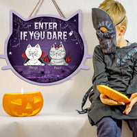 Thumbnail for Personalized Cat Shaped Door Sign - Halloween Gift For Cat Lovers - Knock If You Dare AE