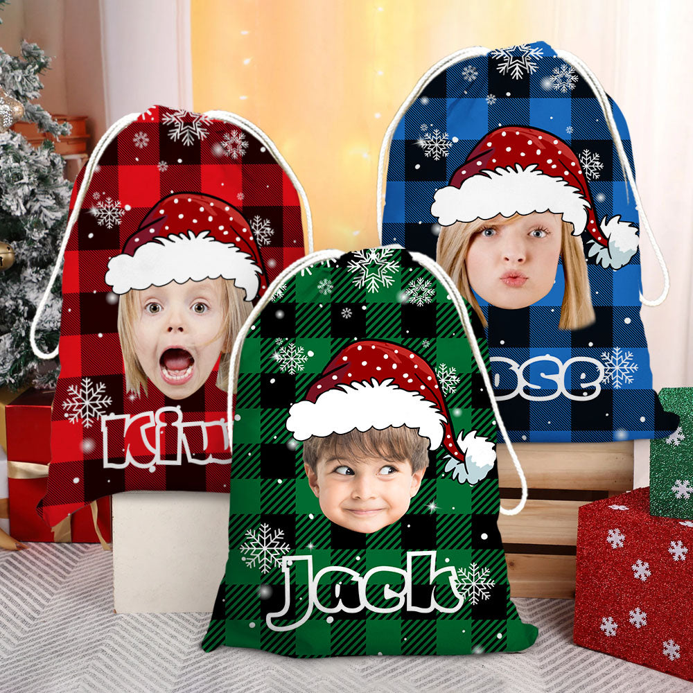 Personalized Santa Sack - Christmas Gift For Family - Plaid Pattern Face Photo AB