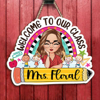 Thumbnail for Personalized Rainbow Teacher Shaped Door Sign, Classroom Welcome Door Hanger AE
