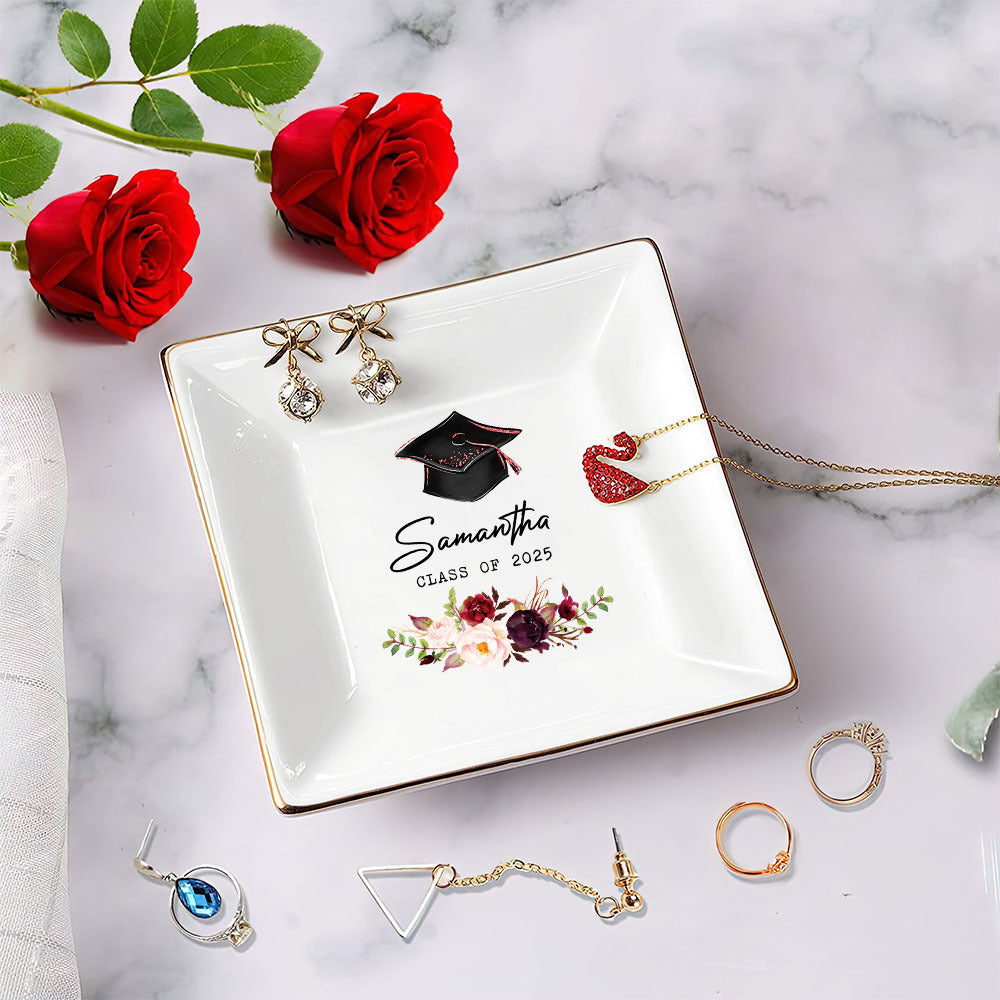 Custom Name With Floral Class of 2025 Graduation Jewelry Ring Dish, Graduation Gift