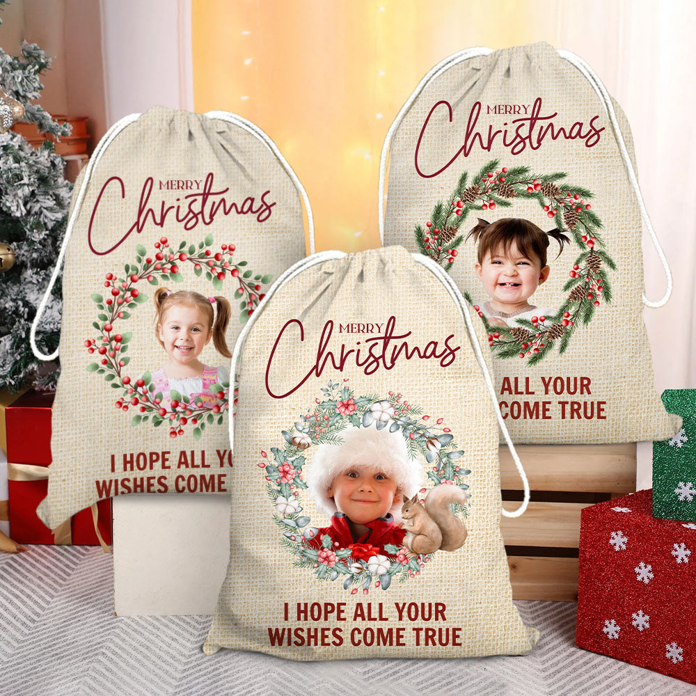 Personalized Santa Sack - Christmas Gift For Family - Christmas Wreath Family Photo AB