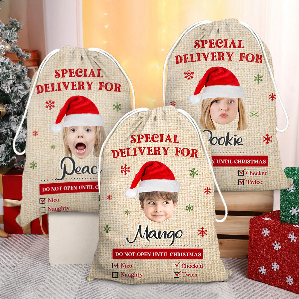 Personalized Santa Sack - Christmas Gift For Family - Gunny Pattern Face Photo AB