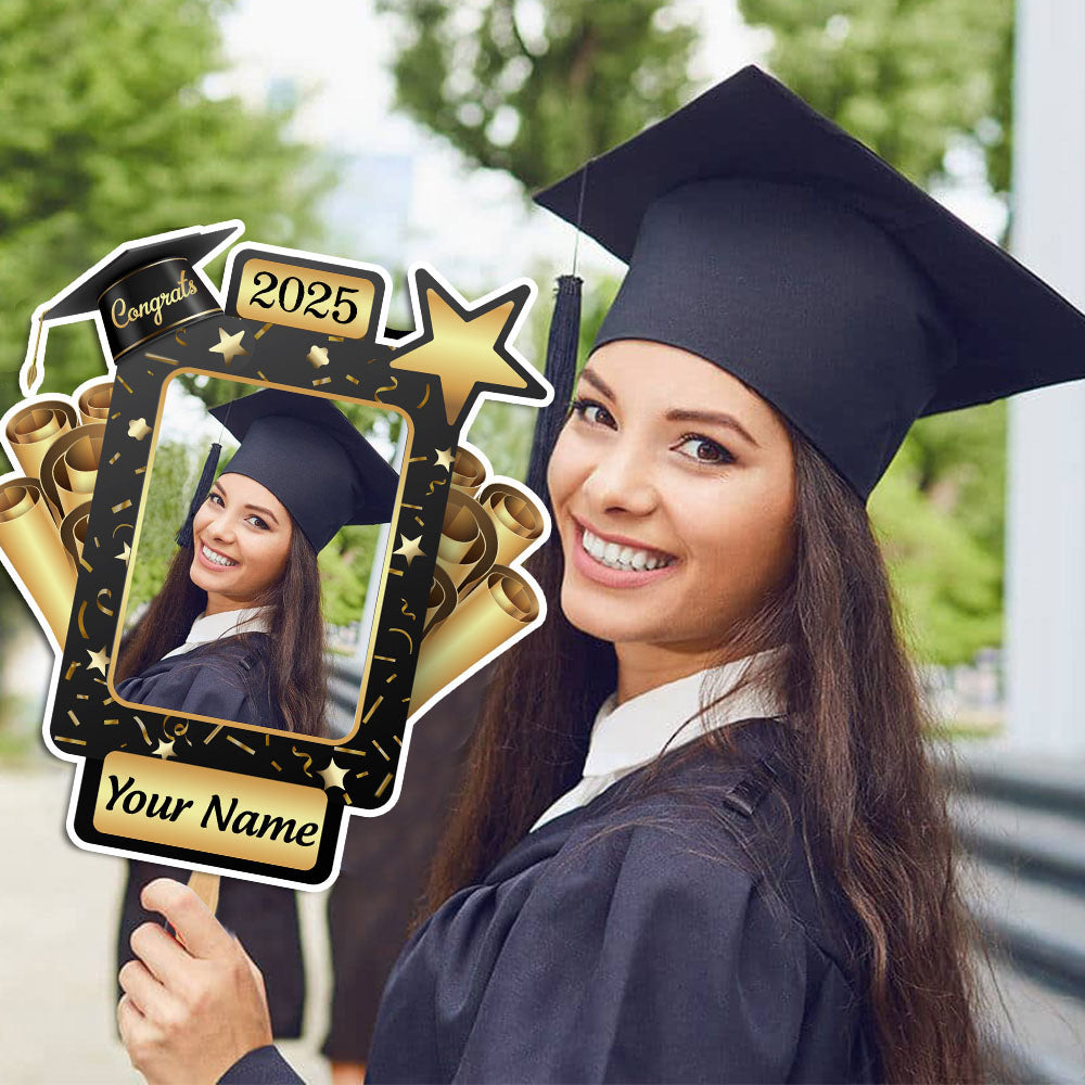 Custom Certificate & Star Photo Graduation Face Fans With Wooden Handle, Gift For Graduation Party