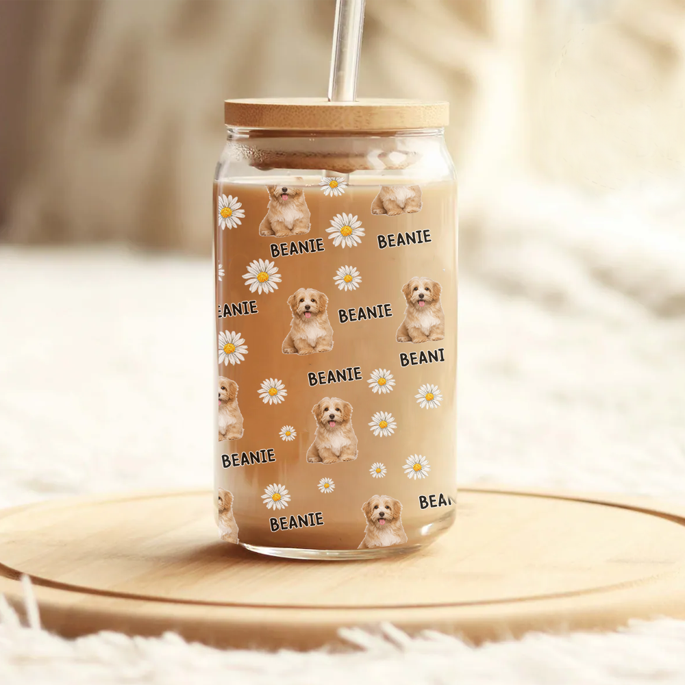 Personalized Pet Photo & Name Summer Glass Bottle/Frosted Bottle With Lid & Straw, Best Gift For Dog Cat Lovers AF