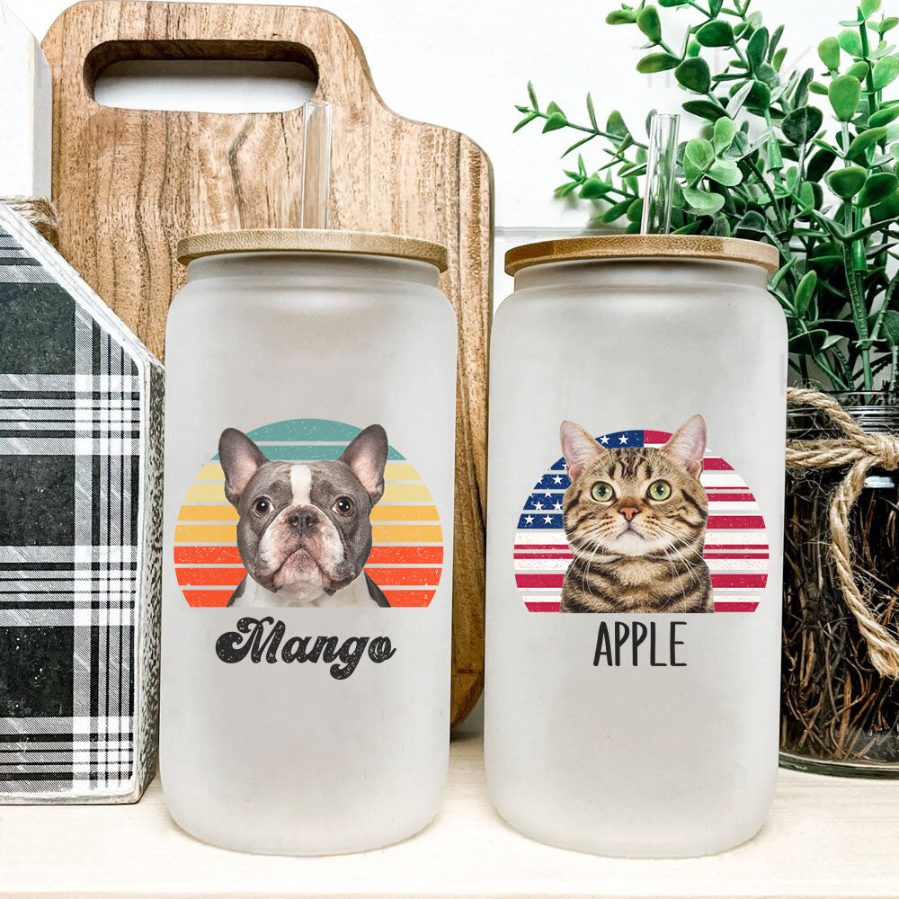 Custom Retro Style Dog Cat Photo Glass Bottle/Frosted Bottle With Lid & Straw, Pet Lover Gift AF