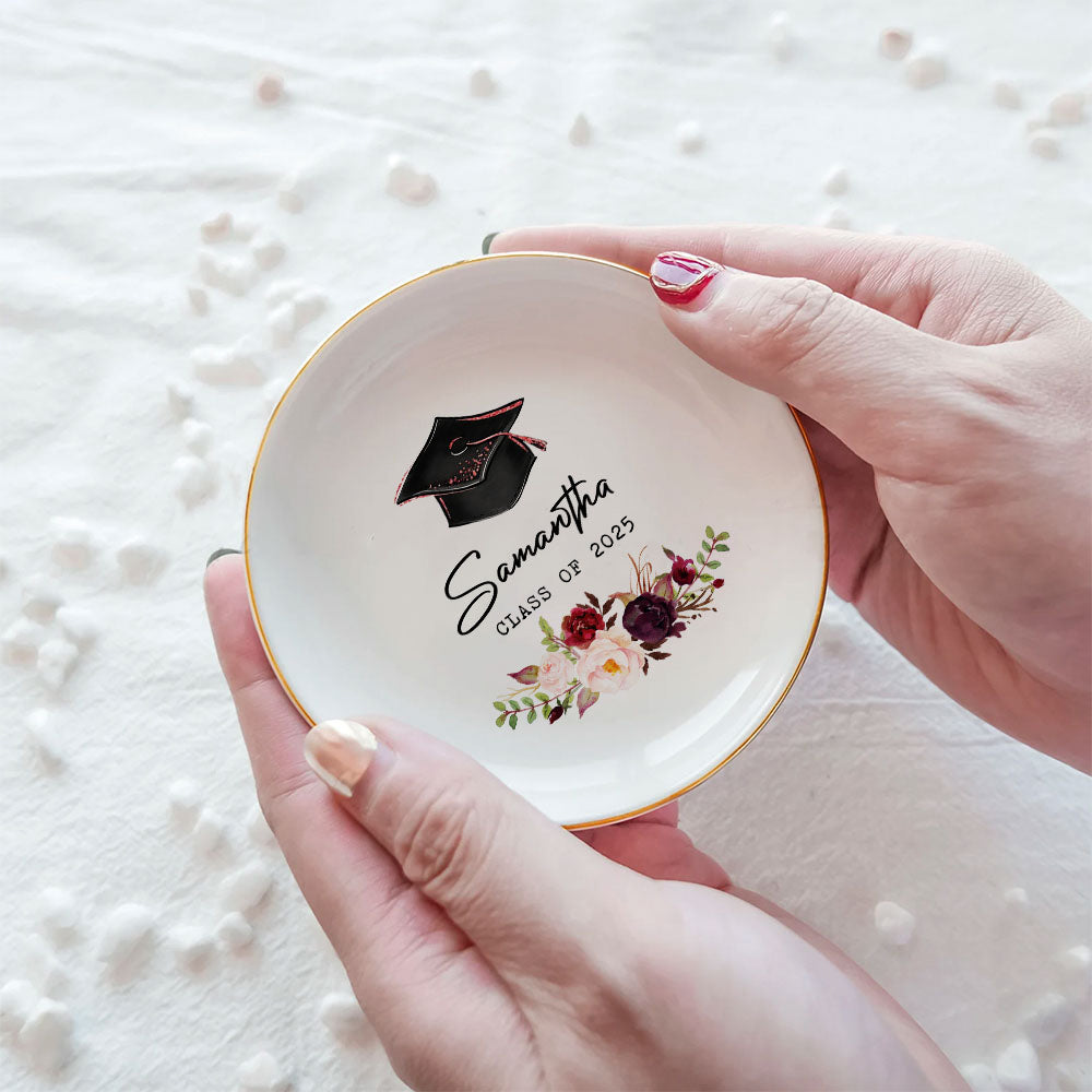 Custom Floral With Name Class of 2025 Graduation Round Jewelry Ring Dish, Jewelry Tray, Graduation Gift