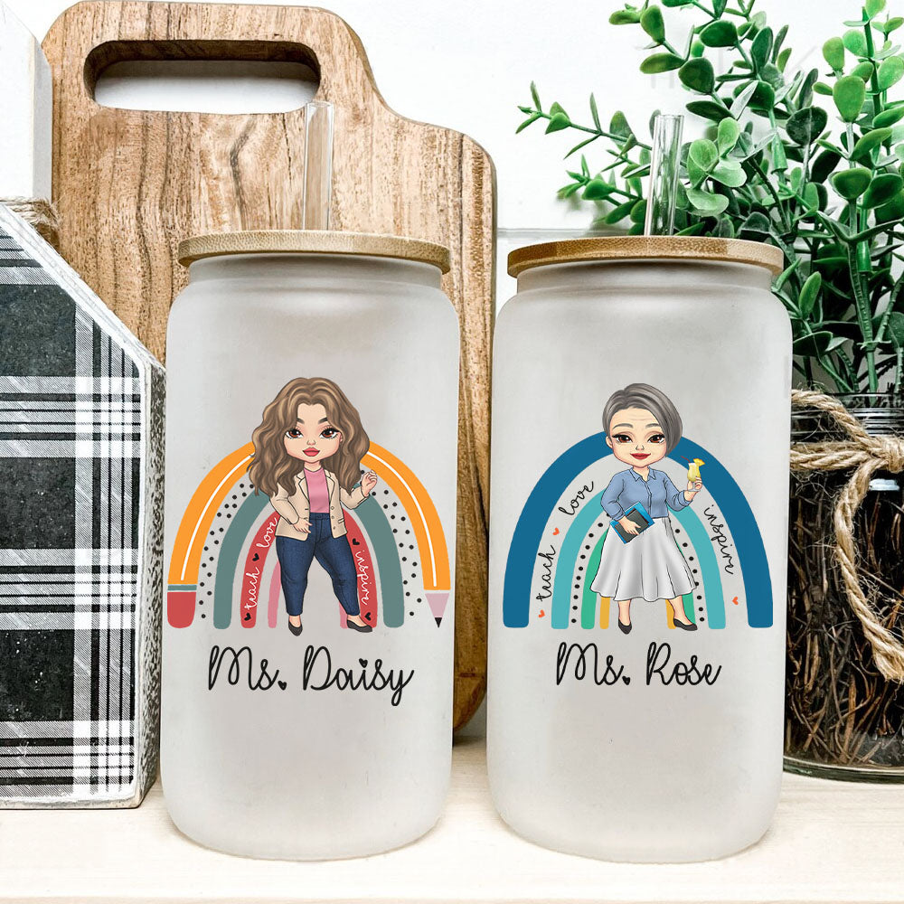 Custom Female Teacher Rainbow With Name Glass Bottle/Frosted Bottle With Lid & Straw, Gift For Teacher AF