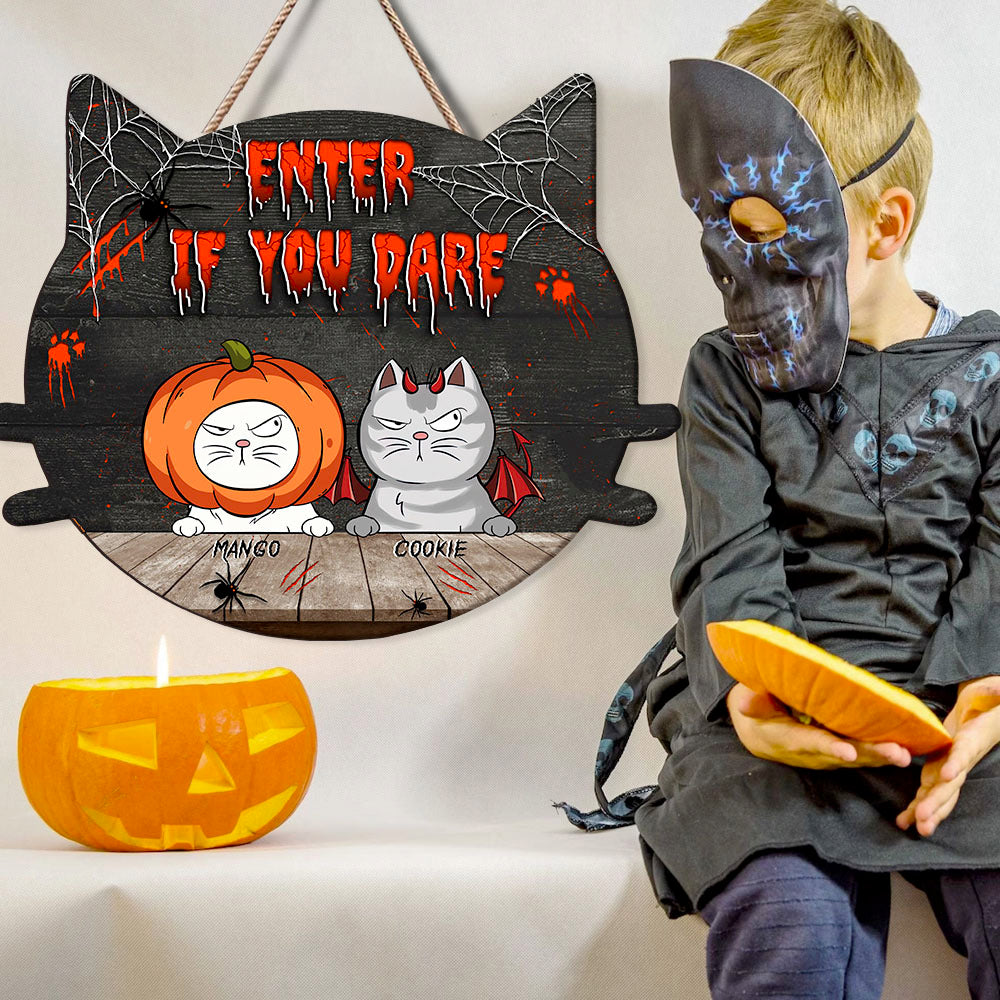 Personalized Cat Shaped Door Sign - Halloween Gift For Cat Lovers - Enter If You Dare AE