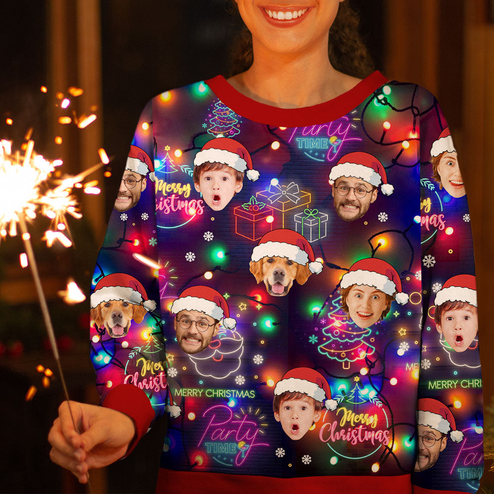 Personalized Ugly Christmas Sweater - Christmas Gift For Family - Funny Face Photo Bright Neon Lighting AB