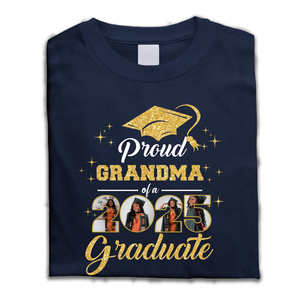 Custom 2025 Photos Proud Mom With Gold Glitter Graduation T-shirt, Graduation Gift Merchize