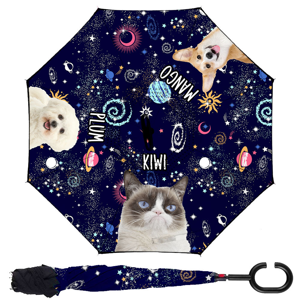 Custom Galaxy Dog Cat Photo With Name Windproof Reverse Upside Down C-Handle Double Layer Umbrella, Pet Lover Gift JonxiFon