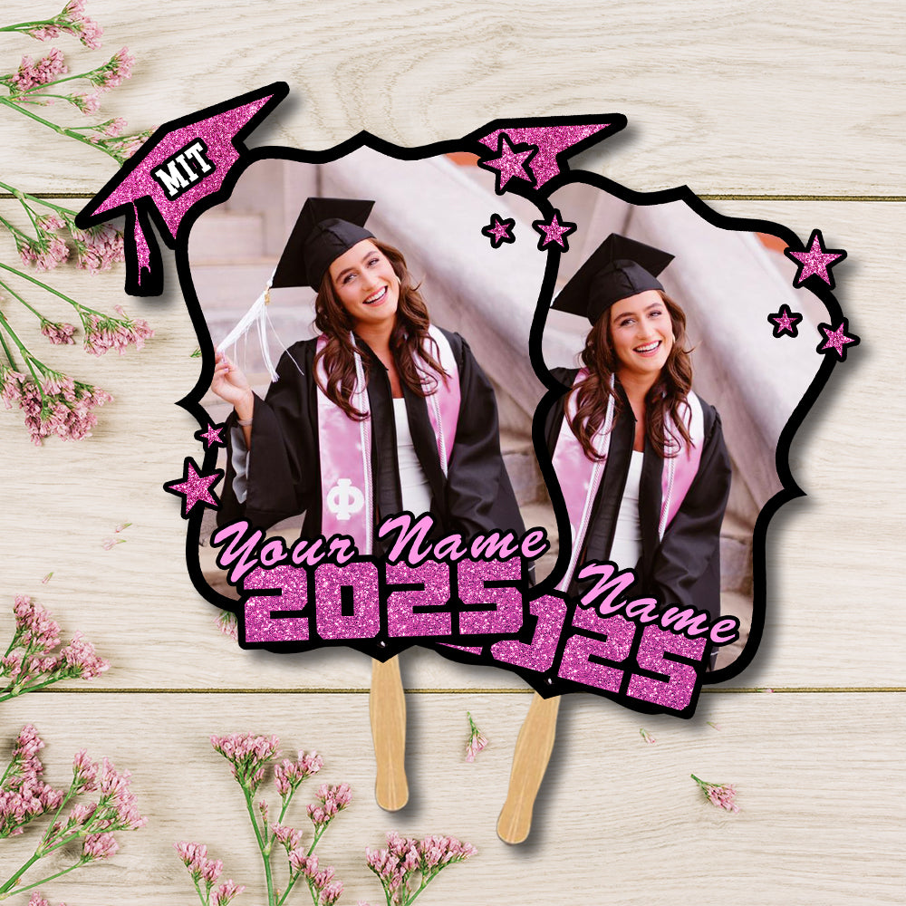 Custom Photo Graduation Cap With Stars 2025 Face Fans With Wooden Handle, Gift For Graduation Party