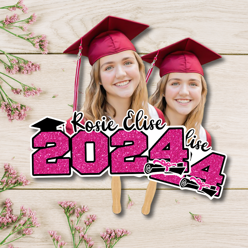 Custom Glitter 2024 Photo Graduation Face Fans With Wooden Handle, Gift For Graduation Party FC