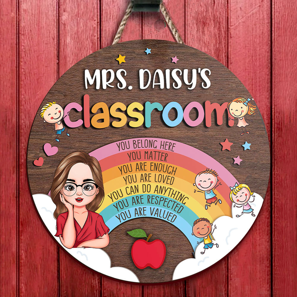 Personalized You Belong Here Teacher Rainbow Classroom Door Sign, Back To School Gift For Teacher AE