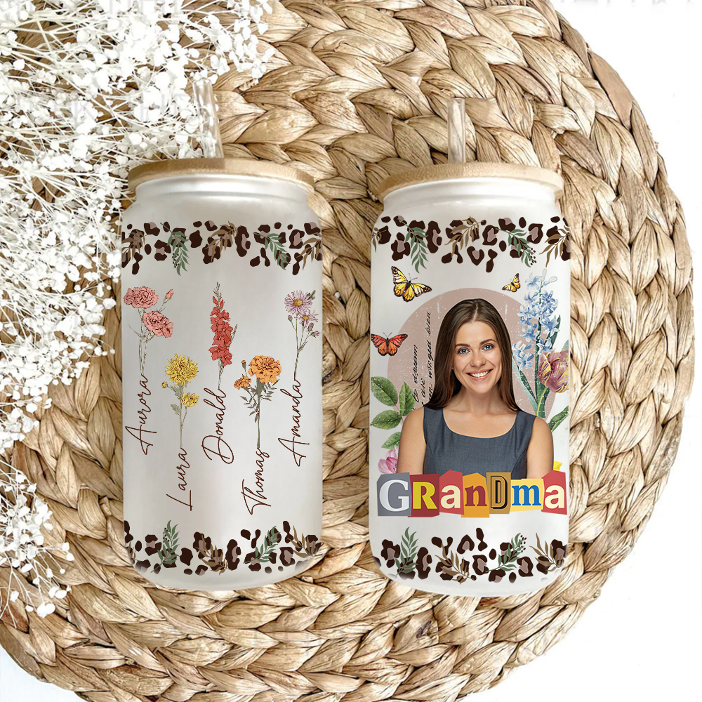 Personalized Glass Bottle/Frosted Bottle With Lid & Straw - Gift For Mother - Vintage Flower Mother Photo FC