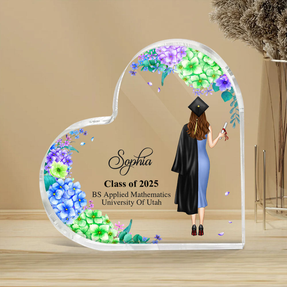 Custom Girl With Flowers Graduation Heart Shaped Acrylic Plaque, Graduation Gift FC