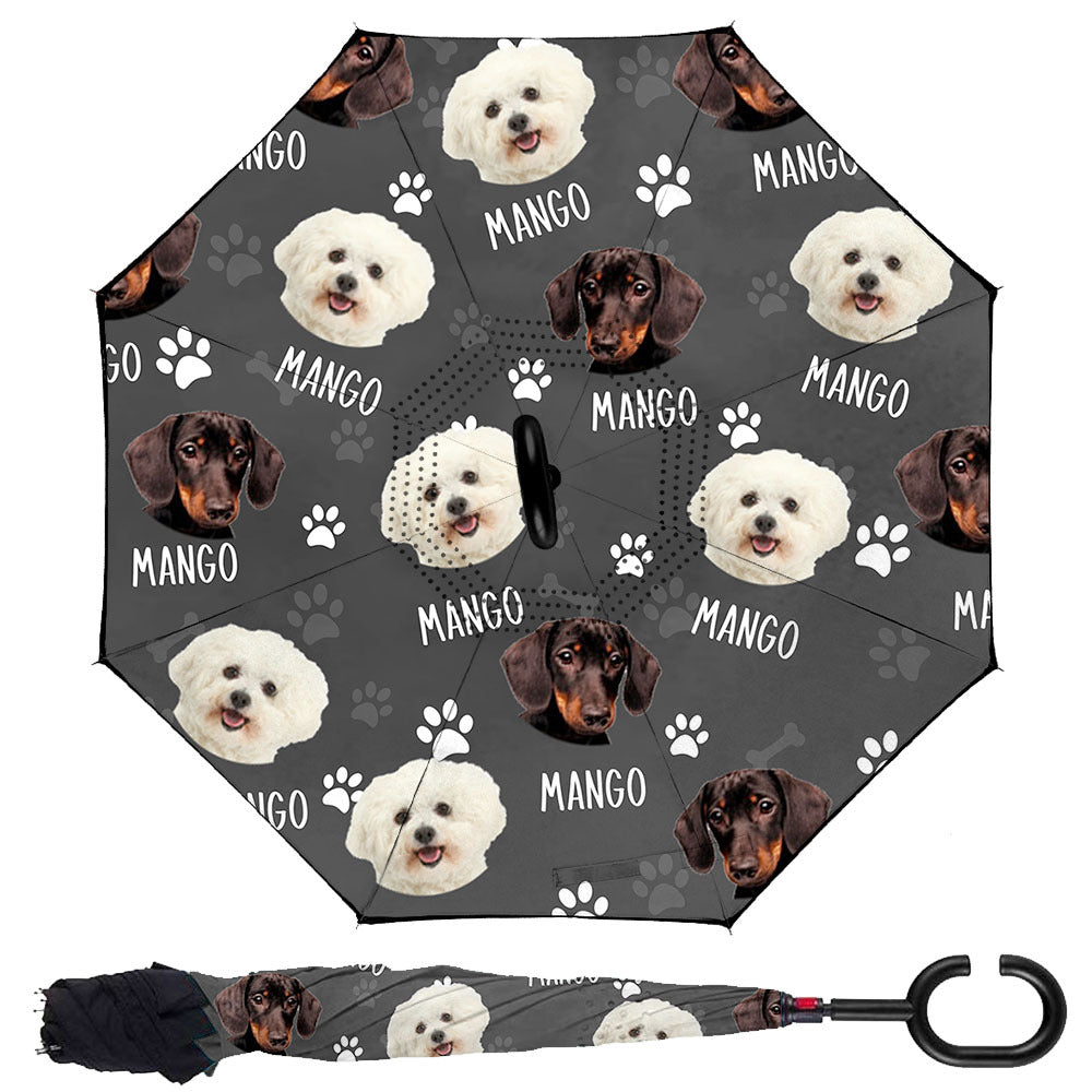 Custom Dog Cat Photo With Name Windproof Reverse Upside Down C-Handle Double Layer Umbrella, Pet Lover Gift JonxiFon