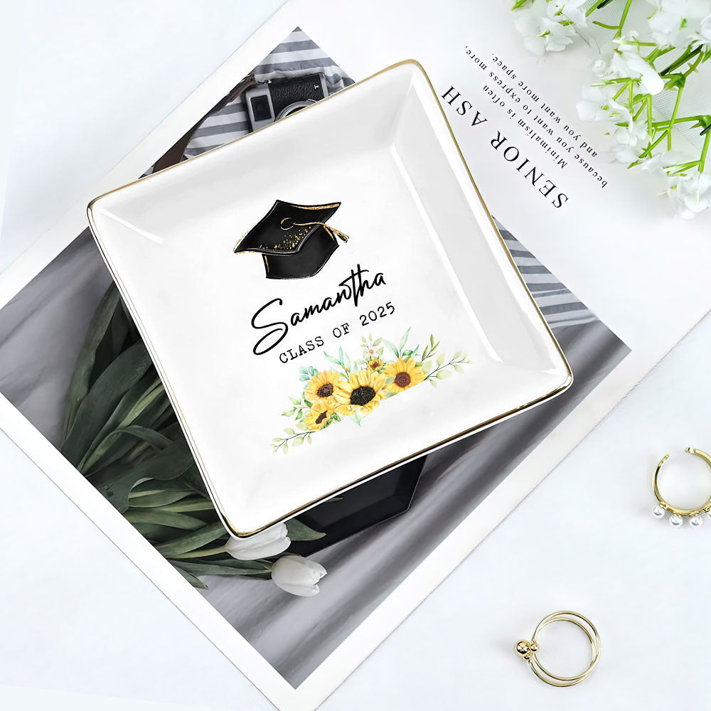 Custom Name With Floral Class of 2025 Graduation Jewelry Ring Dish, Graduation Gift