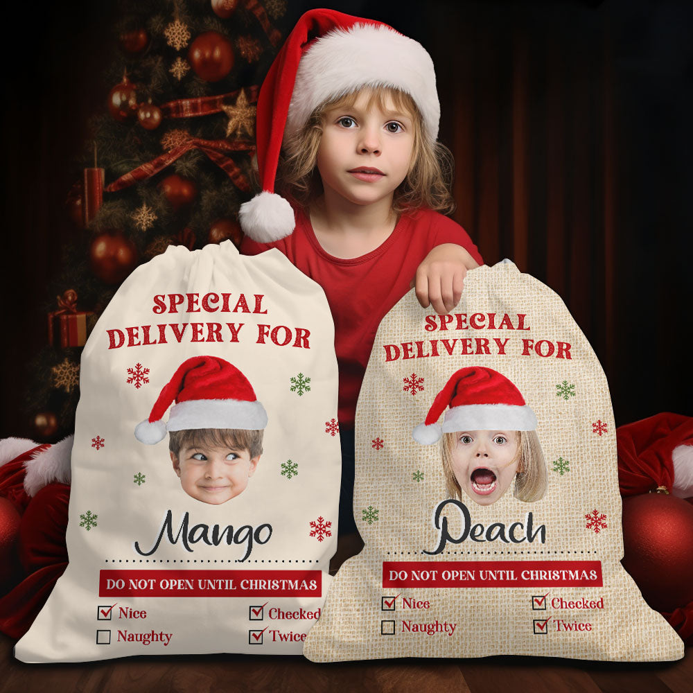 Personalized Santa Sack - Christmas Gift For Family - Gunny Pattern Face Photo AB